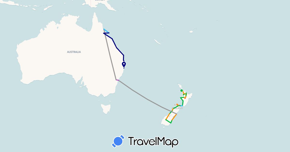 TravelMap itinerary: driving, bus, plane, train, hiking, boat, hitchhiking in Australia, New Zealand (Oceania)